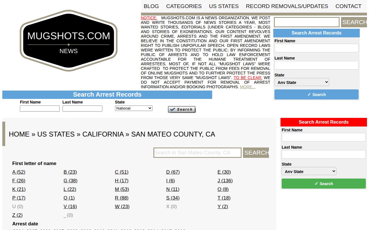 Unofficial historical San Mateo County arrest and mugshot archive