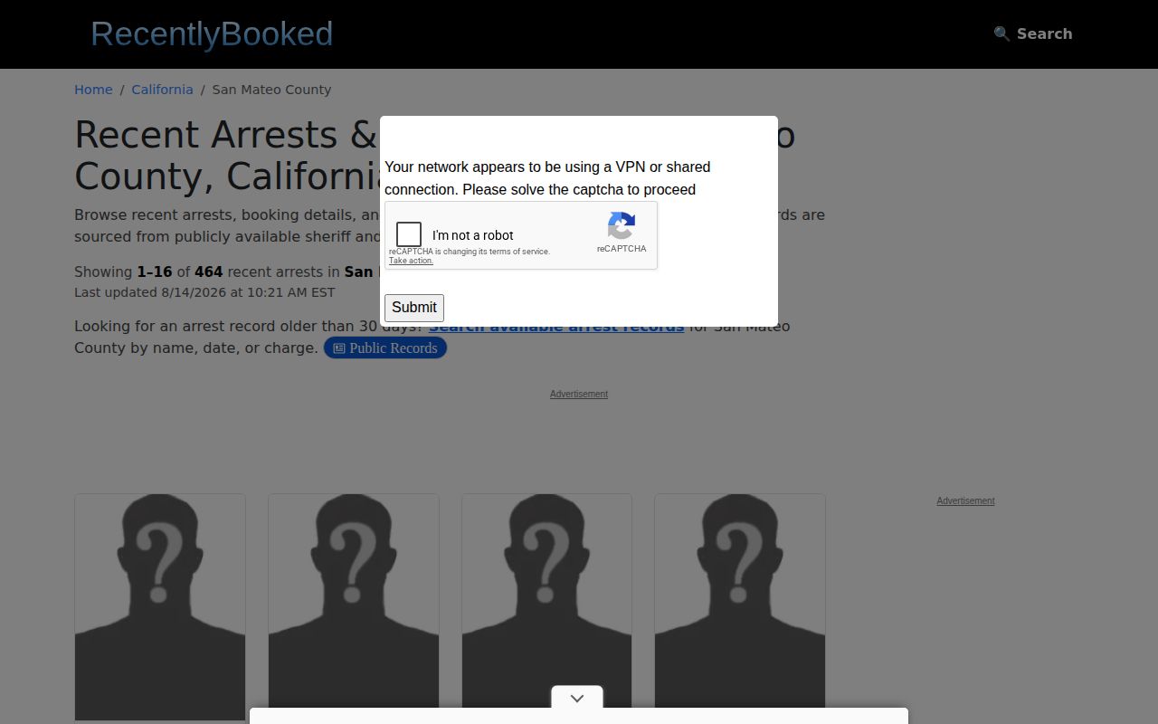 Unofficial San Mateo County arrest record index on Recently Booked