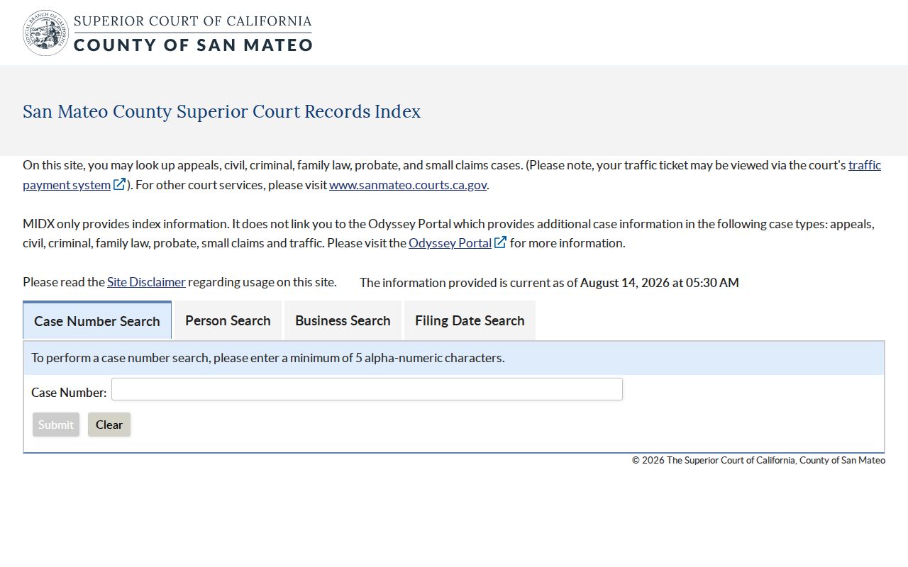 San Mateo County court index for arrest and booking case follow-up