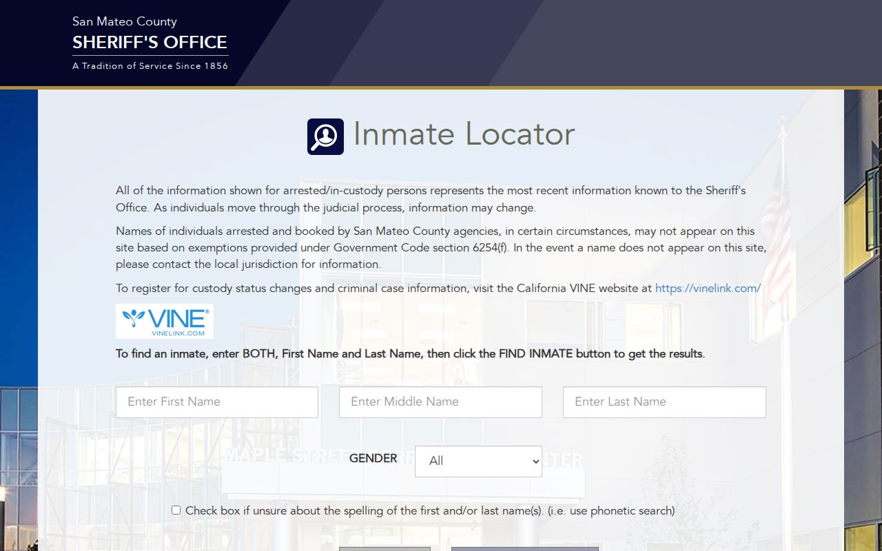 San Mateo County inmate locator booking and custody search fields