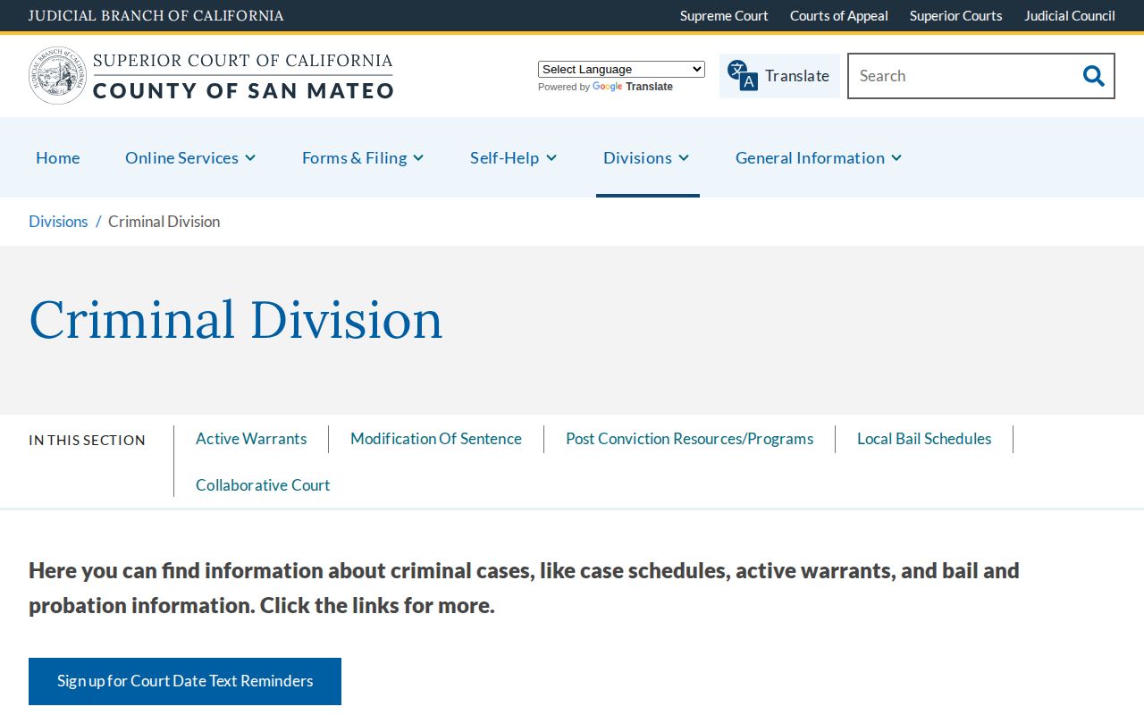 San Mateo County active warrant and criminal court record page
