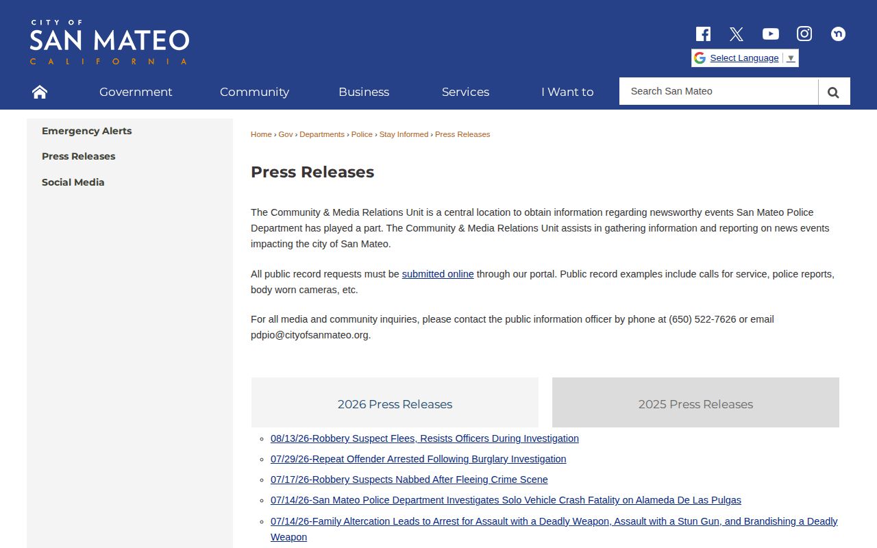 San Mateo Police Department event-based arrest release archive for San Mateo County records